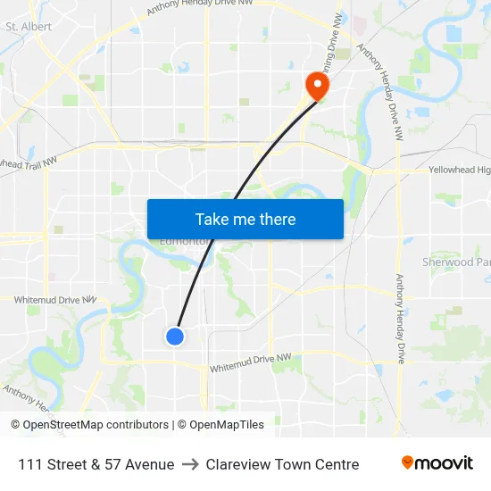 111 Street & 57 Avenue to Clareview Town Centre map