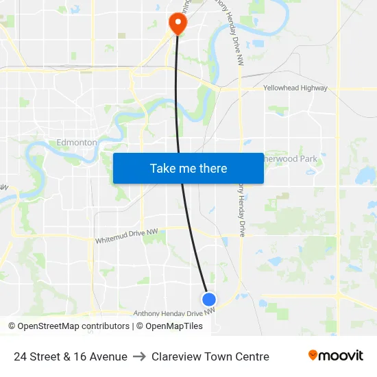 24 Street & 16 Avenue to Clareview Town Centre map