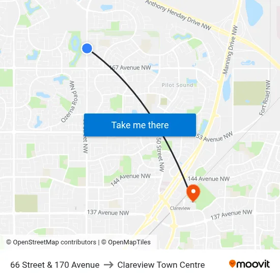66 Street & 170 Avenue to Clareview Town Centre map