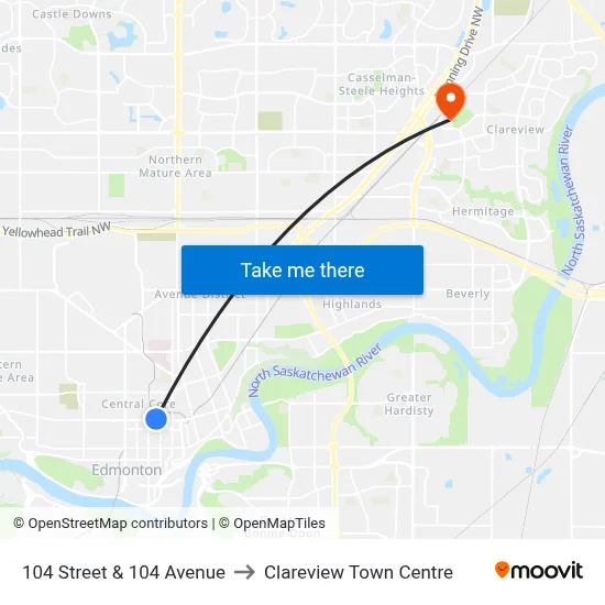 104 Street & 104 Avenue to Clareview Town Centre map