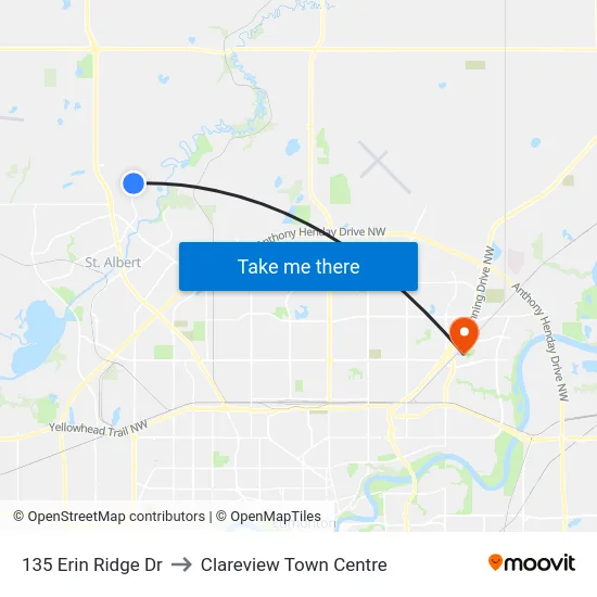 135 Erin Ridge Dr to Clareview Town Centre map