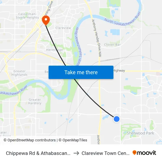 Chippewa Rd & Athabascan Av to Clareview Town Centre map