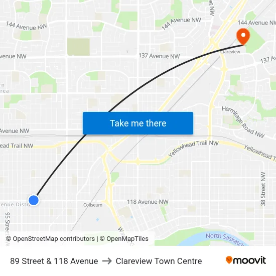 89 Street & 118 Avenue to Clareview Town Centre map