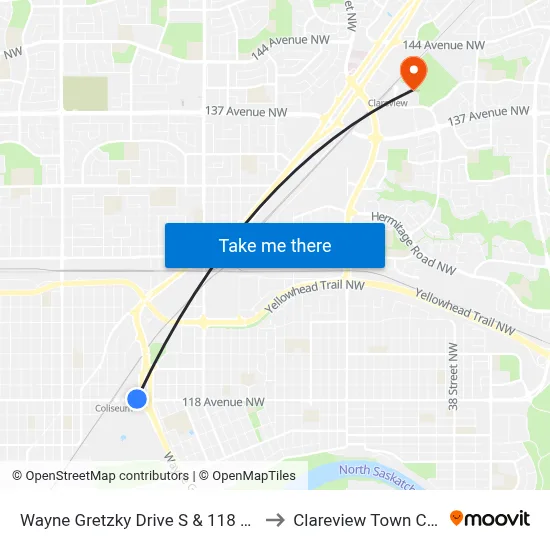 Wayne Gretzky Drive S & 118 Avenue to Clareview Town Centre map
