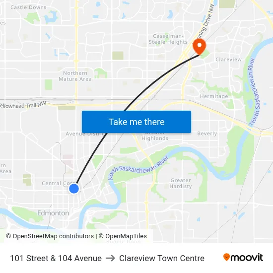 101 Street & 104 Avenue to Clareview Town Centre map