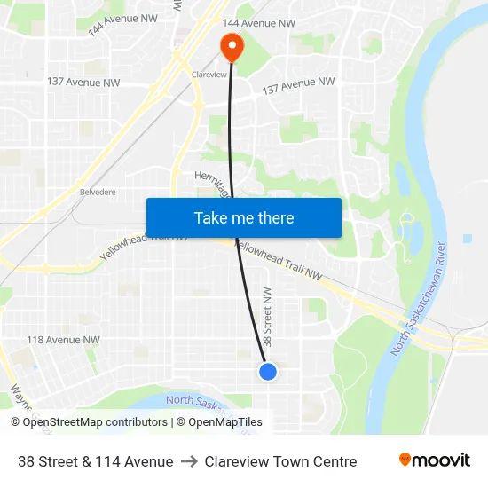 38 Street & 114 Avenue to Clareview Town Centre map