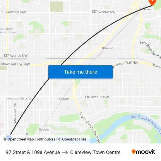 97 Street & 109a Avenue to Clareview Town Centre map