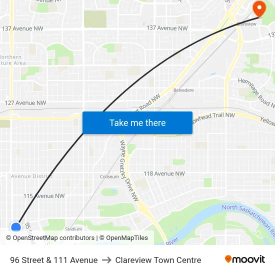 96 Street & 111 Avenue to Clareview Town Centre map