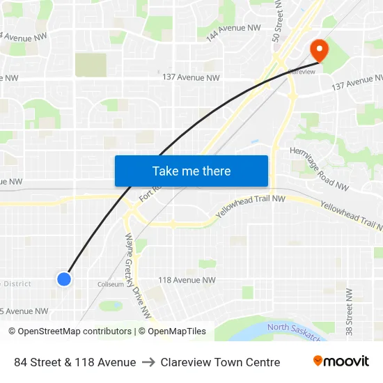 84 Street & 118 Avenue to Clareview Town Centre map