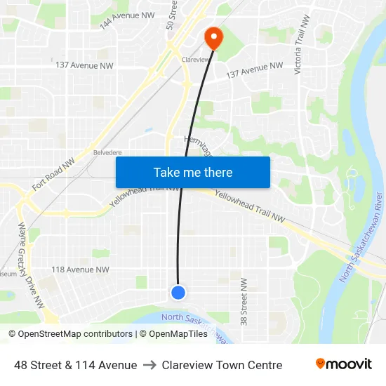 48 Street & 114 Avenue to Clareview Town Centre map