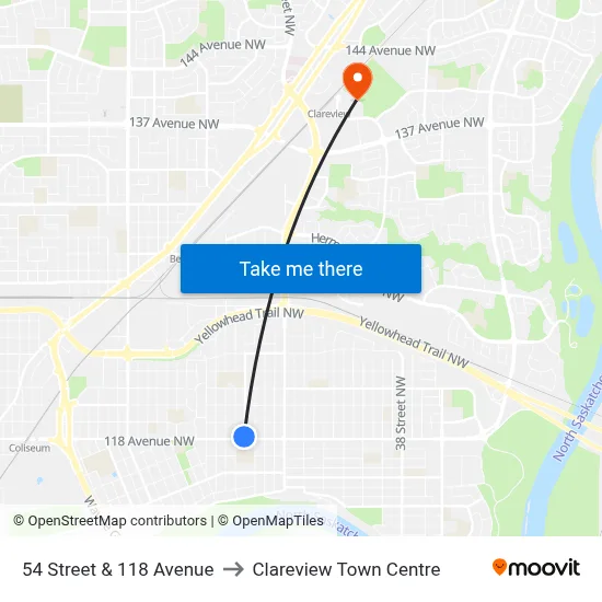 54 Street & 118 Avenue to Clareview Town Centre map
