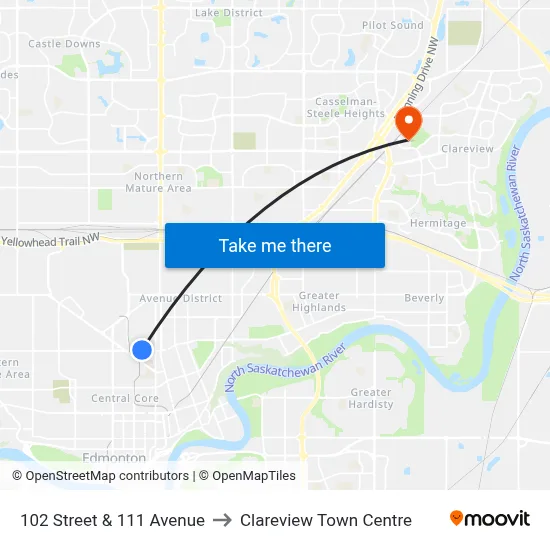 102 Street & 111 Avenue to Clareview Town Centre map