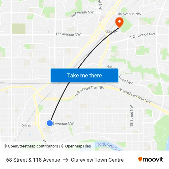 68 Street & 118 Avenue to Clareview Town Centre map