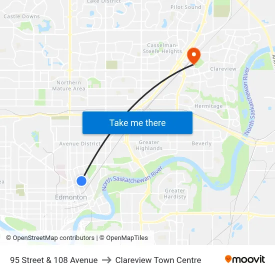 95 Street & 108 Avenue to Clareview Town Centre map