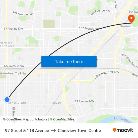 97 Street & 118 Avenue to Clareview Town Centre map