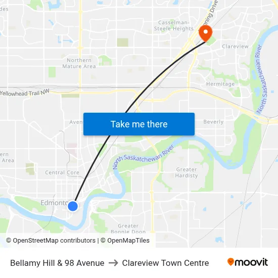 Bellamy Hill & 98 Avenue to Clareview Town Centre map