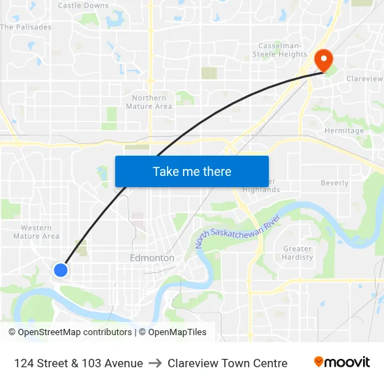 124 Street & 103 Avenue to Clareview Town Centre map