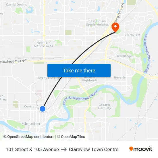 101 Street & 105 Avenue to Clareview Town Centre map
