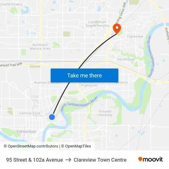 95 Street & 102a Avenue to Clareview Town Centre map