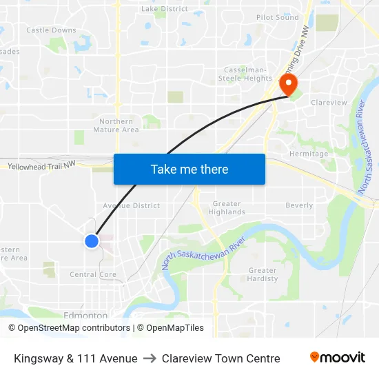 Kingsway & 111 Avenue to Clareview Town Centre map