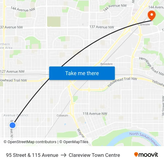 95 Street & 115 Avenue to Clareview Town Centre map