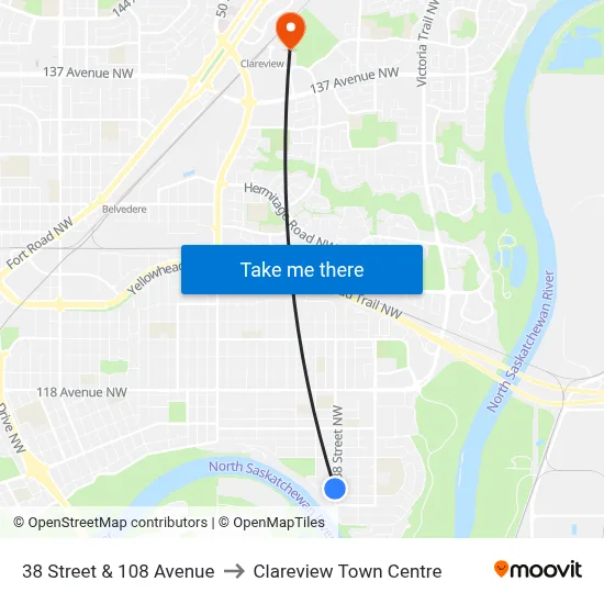 38 Street & 108 Avenue to Clareview Town Centre map
