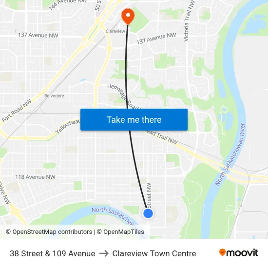 38 Street & 109 Avenue to Clareview Town Centre map