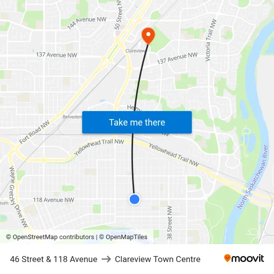 46 Street & 118 Avenue to Clareview Town Centre map