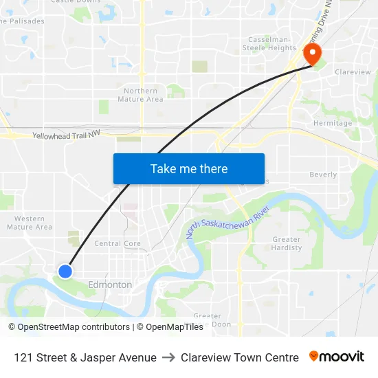 121 Street & Jasper Avenue to Clareview Town Centre map