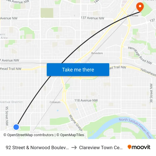92 Street & Norwood Boulevard to Clareview Town Centre map