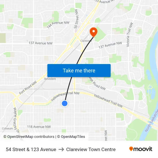 54 Street & 123 Avenue to Clareview Town Centre map
