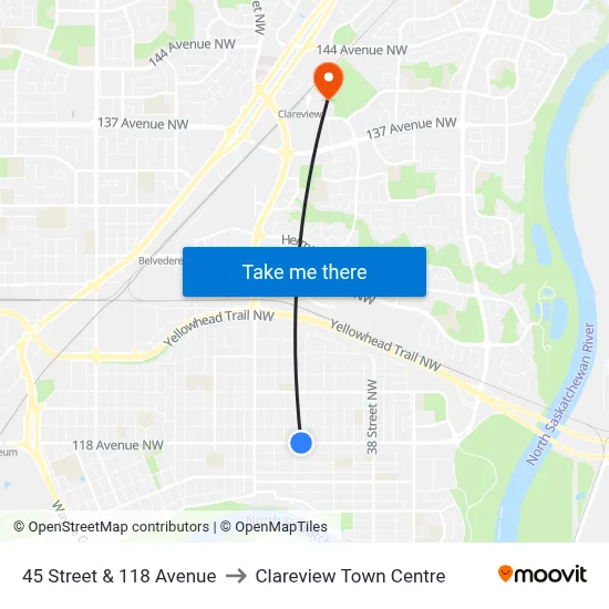 45 Street & 118 Avenue to Clareview Town Centre map