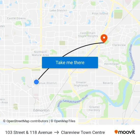 103 Street & 118 Avenue to Clareview Town Centre map