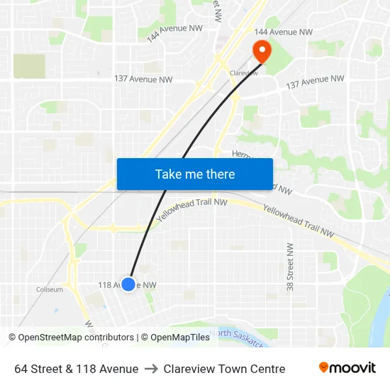 64 Street & 118 Avenue to Clareview Town Centre map