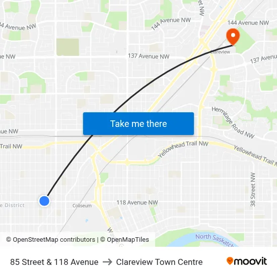 85 Street & 118 Avenue to Clareview Town Centre map