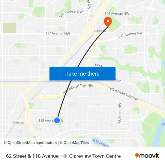 62 Street & 118 Avenue to Clareview Town Centre map