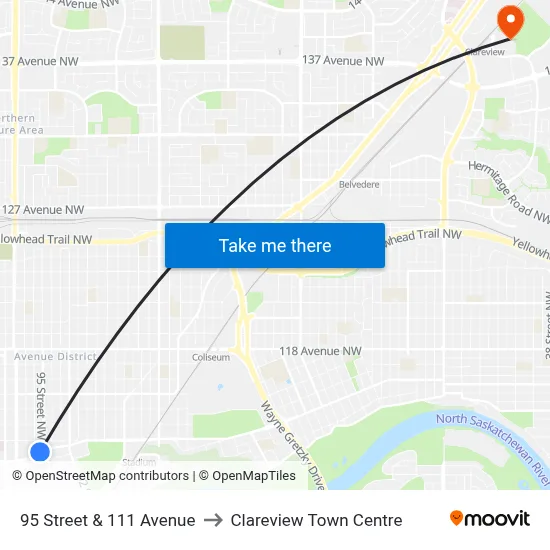 95 Street & 111 Avenue to Clareview Town Centre map