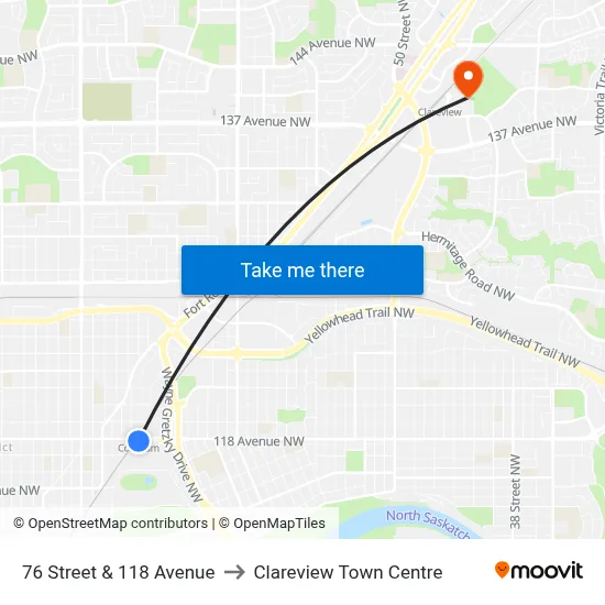 76 Street & 118 Avenue to Clareview Town Centre map