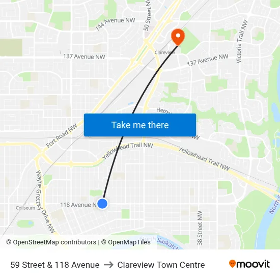 59 Street & 118 Avenue to Clareview Town Centre map