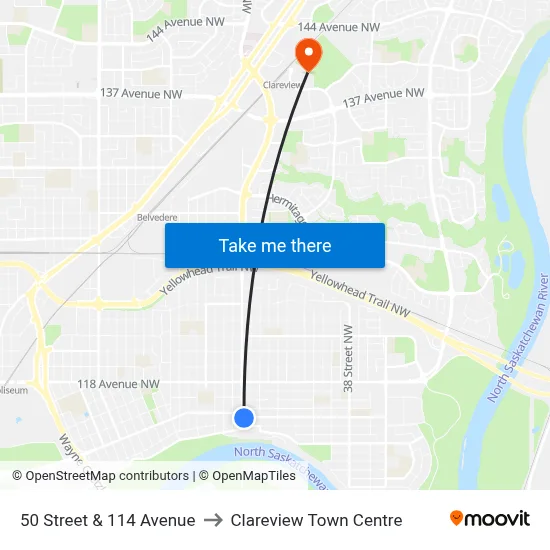 50 Street & 114 Avenue to Clareview Town Centre map