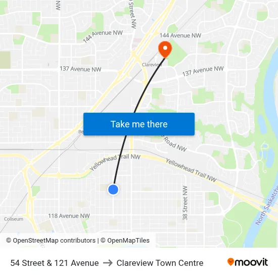 54 Street & 121 Avenue to Clareview Town Centre map