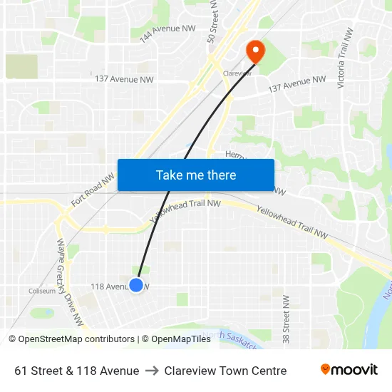 61 Street & 118 Avenue to Clareview Town Centre map
