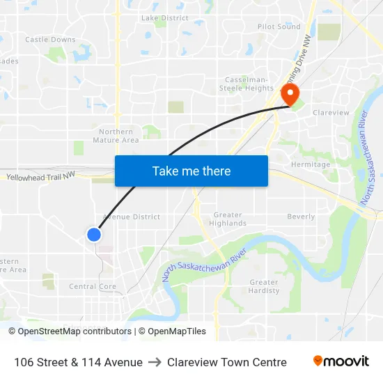 106 Street & 114 Avenue to Clareview Town Centre map