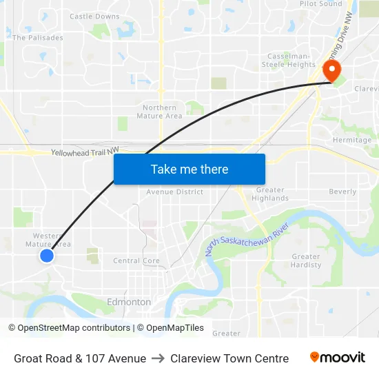 Groat Road & 107 Avenue to Clareview Town Centre map