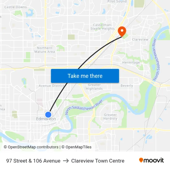 97 Street & 106 Avenue to Clareview Town Centre map