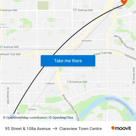 95 Street & 108a Avenue to Clareview Town Centre map