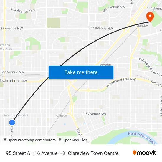 95 Street & 116 Avenue to Clareview Town Centre map