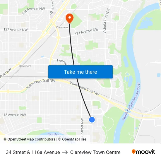 34 Street & 116a Avenue to Clareview Town Centre map