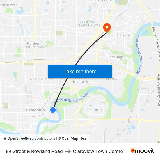 89 Street & Rowland Road to Clareview Town Centre map