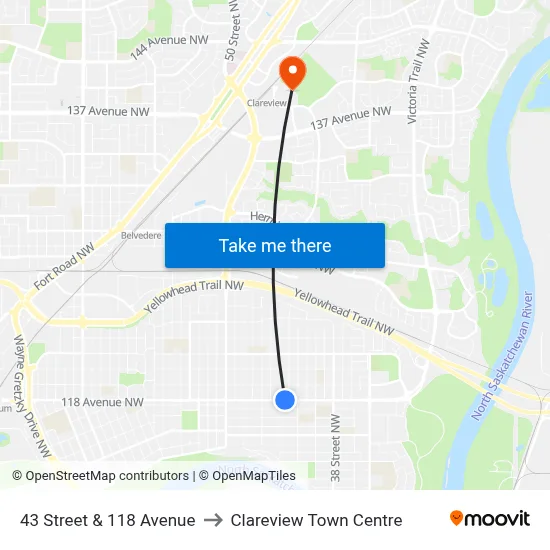 43 Street & 118 Avenue to Clareview Town Centre map